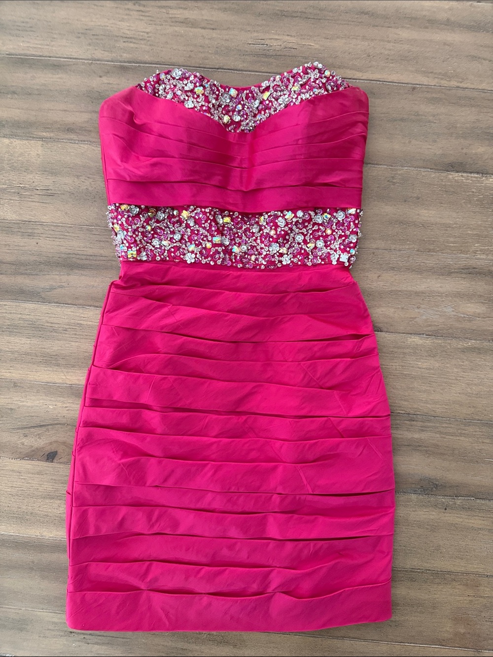 Mori Lee Strapless Beaded Hot Pink Cocktail Dress